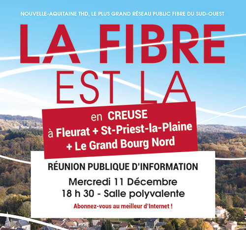 + de 500 foyers et entreprises peuvent s'abonner à la FIBRE à Fleurat + St-Priest-la-Plaine + Le Grand Bourg Nord et bénéficier du meilleur d'Internet.